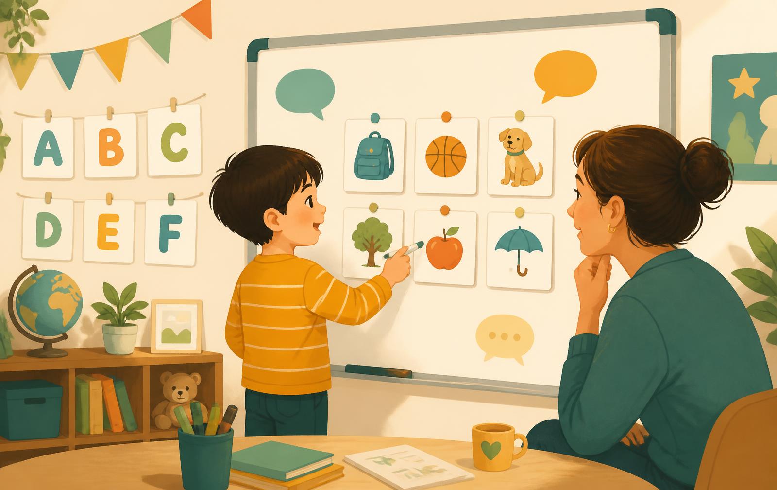 AI editorial illustration:台中雙語幼兒園怎麼選?英語時數之外,家長還要問的 6 件事